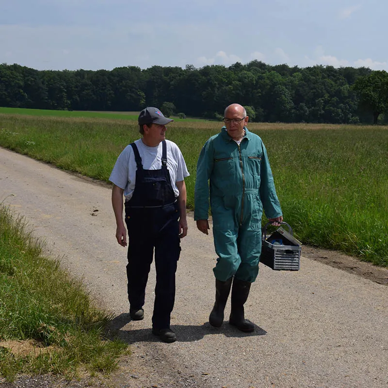 Startseite Zwei Landwirte auf dem Weg zum Stall